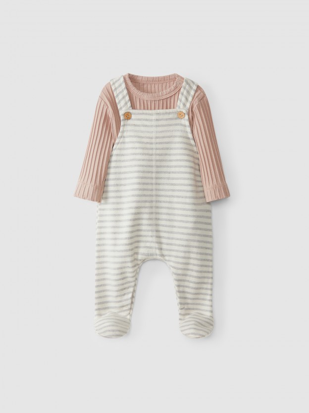 Striped fleece dungarees and body kit - 998AO1W071N720063 | Laranjinha