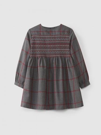 Plaid dress with smocked embroidery