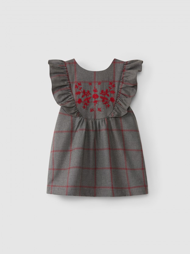 Pinafore dress with ruffle and embroidery