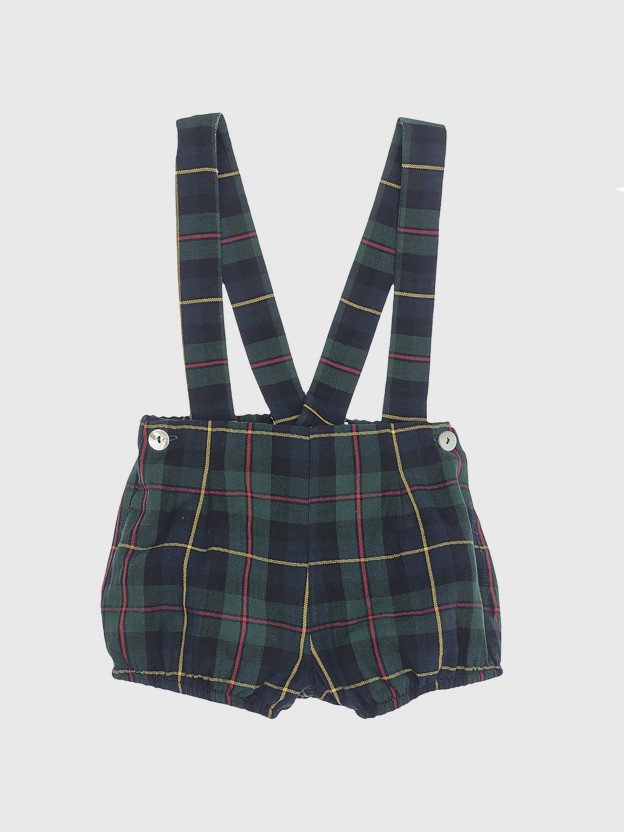 Navy and red plaid shorts with straps