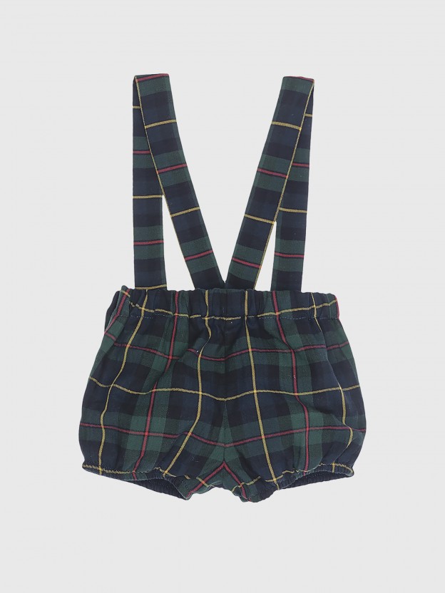 Navy and red plaid shorts with straps