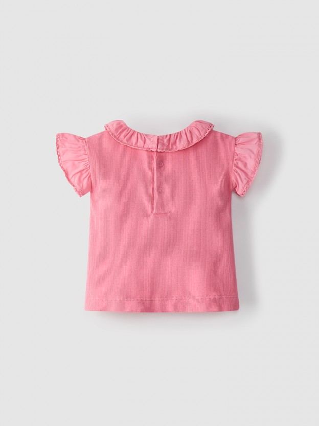 Ribbed jersey t-shirt ruffled collar