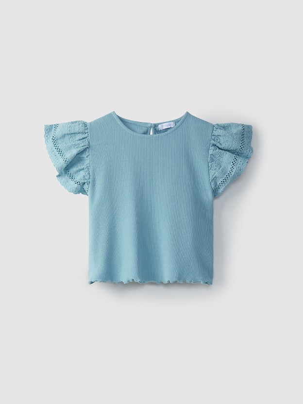Ribbed jersey t-shirt with ruffled sleeves