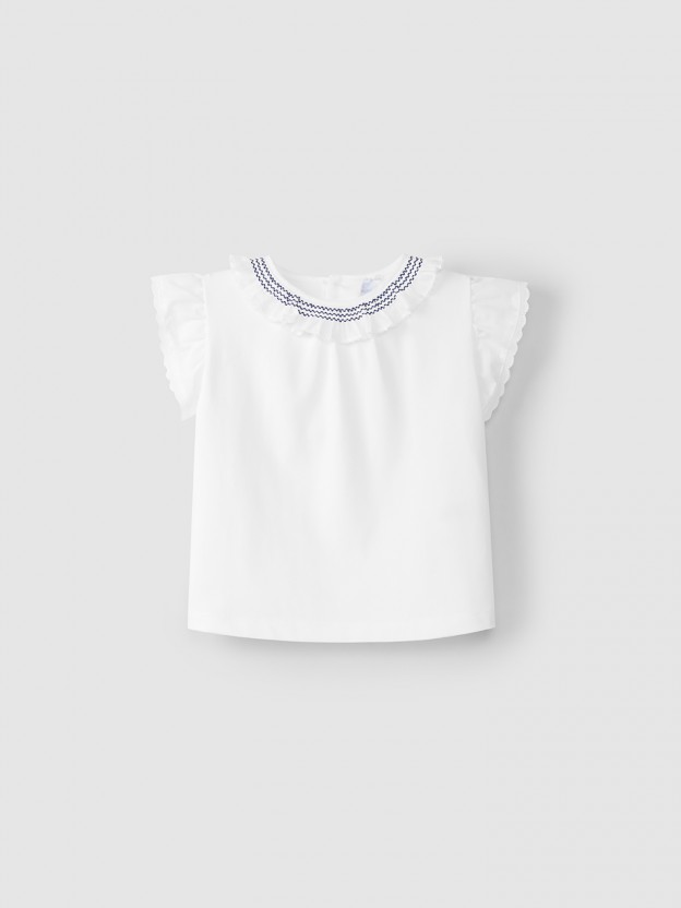 Blouse ruffled collar & embroidered smock