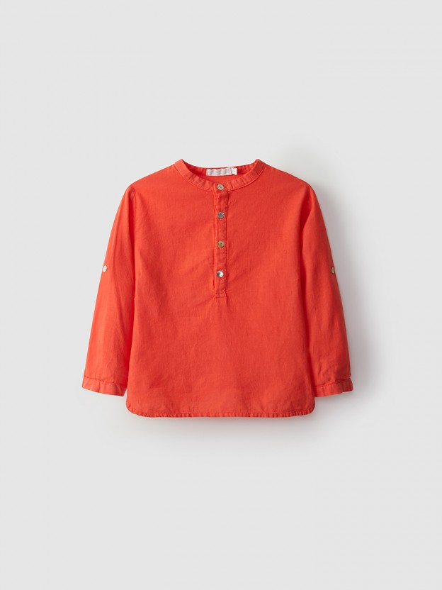 Tunic style linen shirt with mao collar