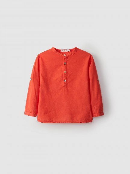 Tunic style linen shirt with mao collar