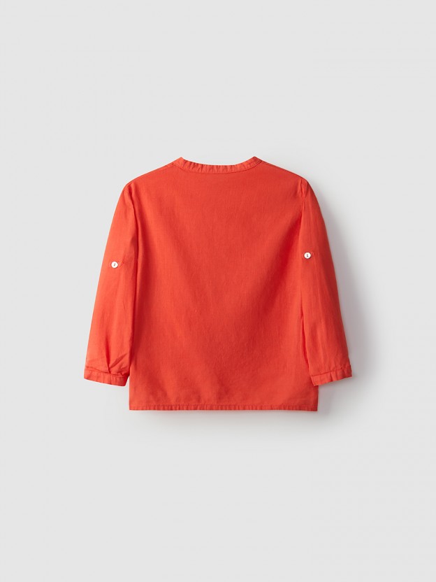 Tunic style linen shirt with mao collar