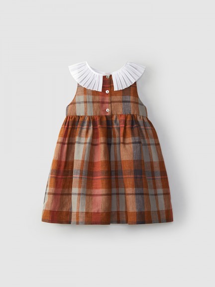 Checkered linen dress pierrot collar