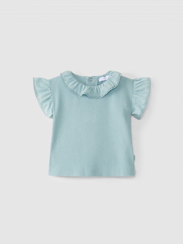 Ribbed jersey t-shirt ruffled collar