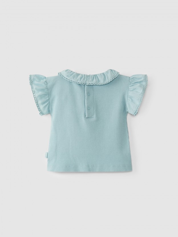 Ribbed jersey t-shirt ruffled collar