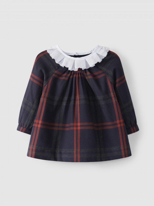 Plaid dress embroidered collar
