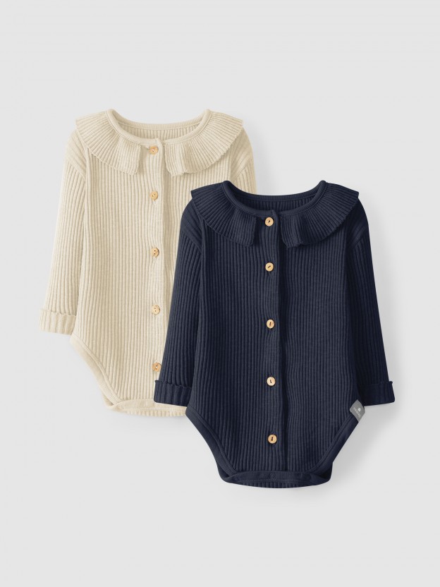Set two ribbed jersey ruffled collar bodysuits