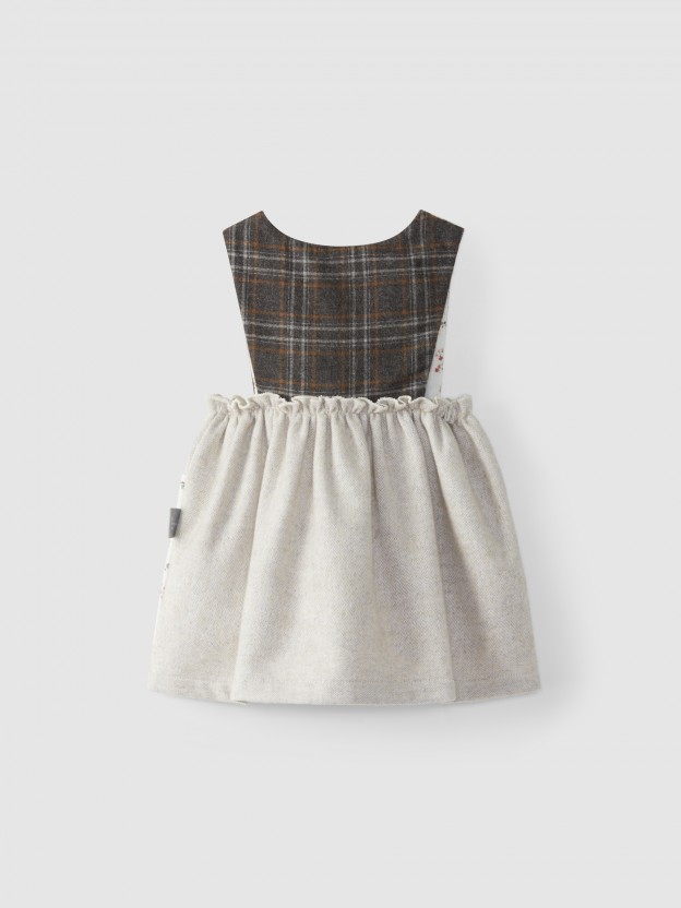 Plaid and herringbone high-waisted, under-bust skirt with suspenders