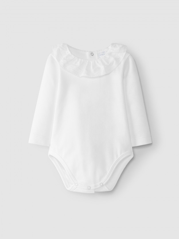 Bodysuit with ruffled collar English embroidery