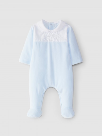 Velvet babygrow with embroidered honeycombs