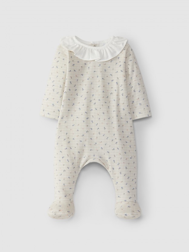 Printed babygrow with ruffled collar