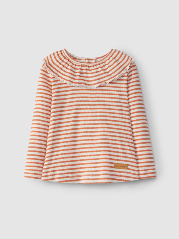 Longsleeve ruffled collar ribbed striped jersey