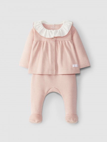 Two-piece herringbone knit set with ruffled collar
