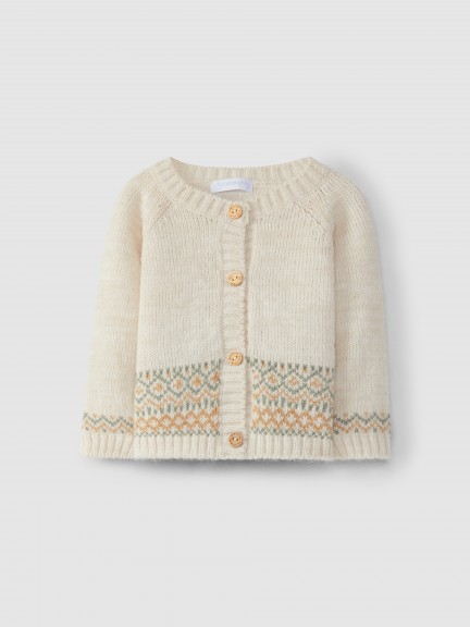 Jacquard knitted cardigan with a round collar.
