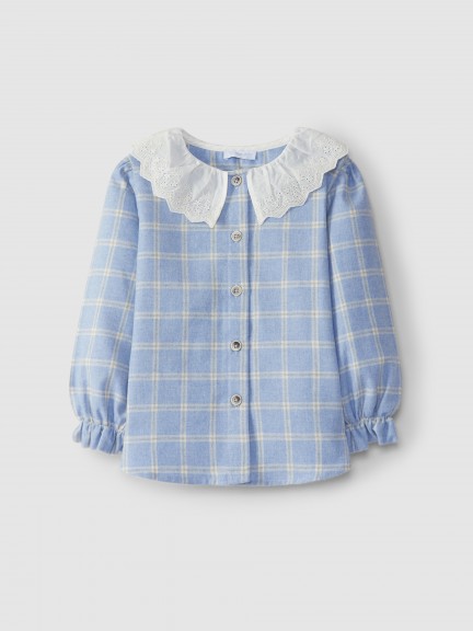 Plaid blouse with English embroidery collar