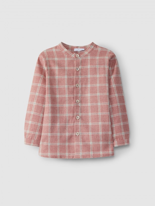 Plaid shirt with mandarin collar