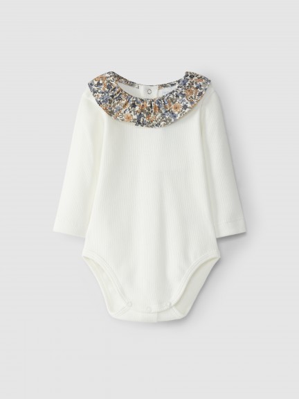 Ribbed jersey bodysuit with flowered collar