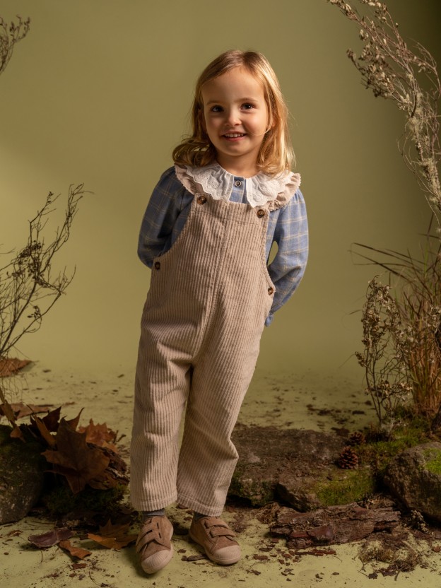 Wide wale corduroy dungarees with ruffle on the straps