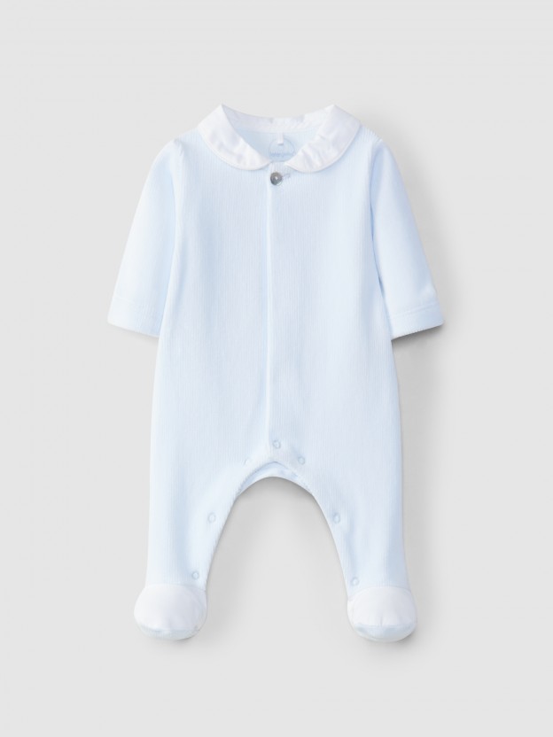 Ribbed velvet babygrow with round collar