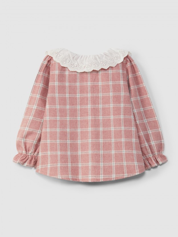 Plaid blouse with English embroidery collar