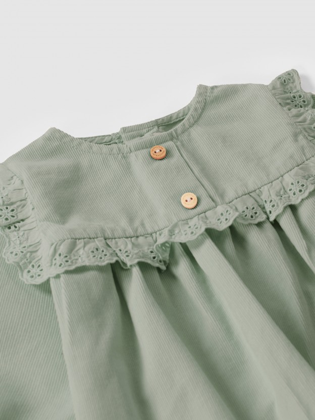 Micro-corduroy dress with English embroidery