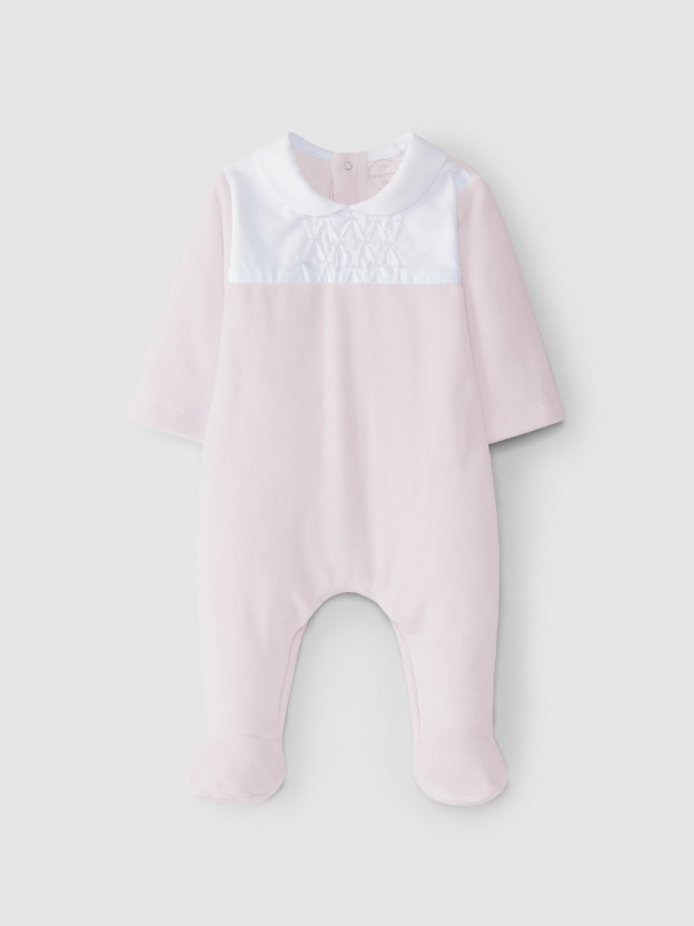 Velvet babygrow with embroidered honeycombs