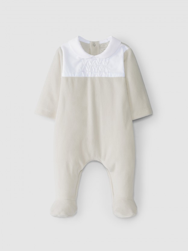 Velvet babygrow with embroidered honeycombs