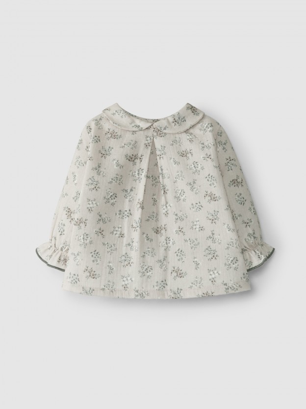 Floral muslin round collar blouse