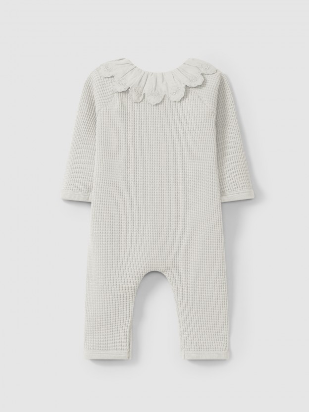 Waffle weave romper with ruffled collar