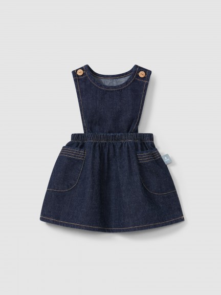 High-waisted, under-bust skirt with suspenders in organic cotton denim