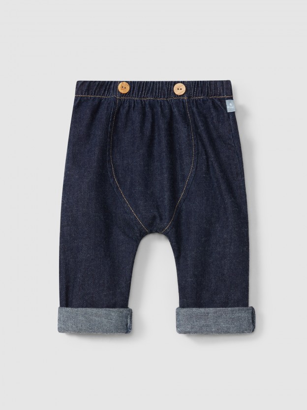 Calas pull-up em denim de algodo orgnico