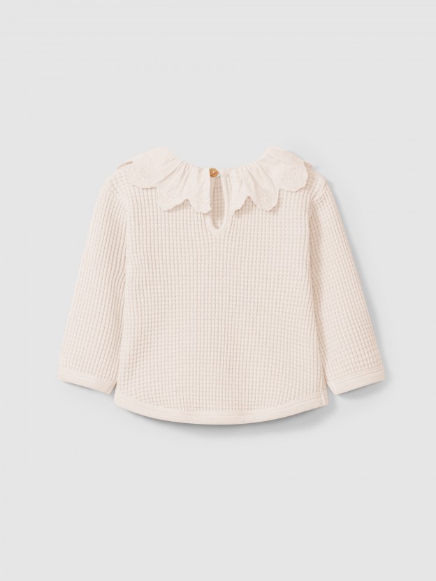 Waffle weave sweater with ruffled collar