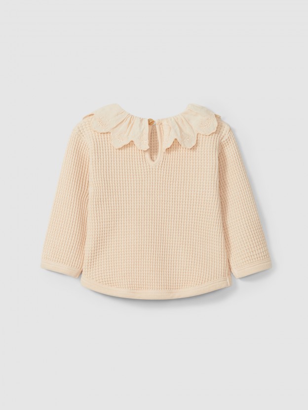 Waffle weave sweater with ruffled collar