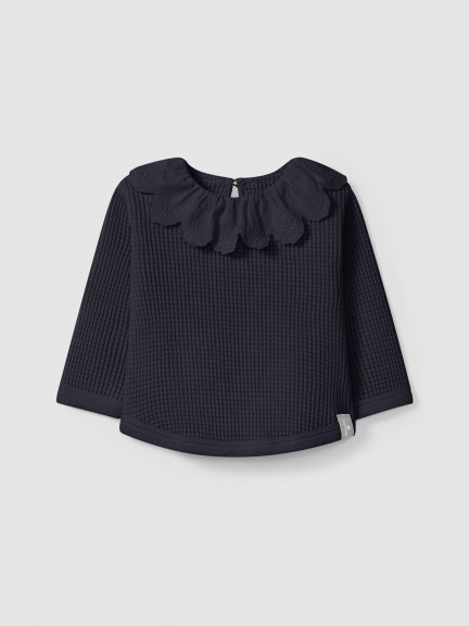 Waffle weave sweater with ruffled collar