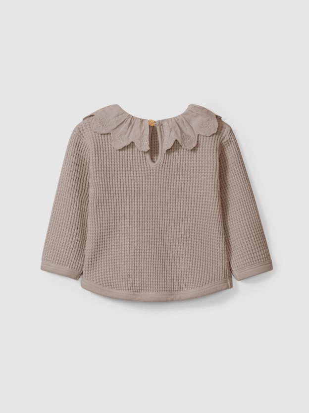 Waffle weave sweater with ruffled collar