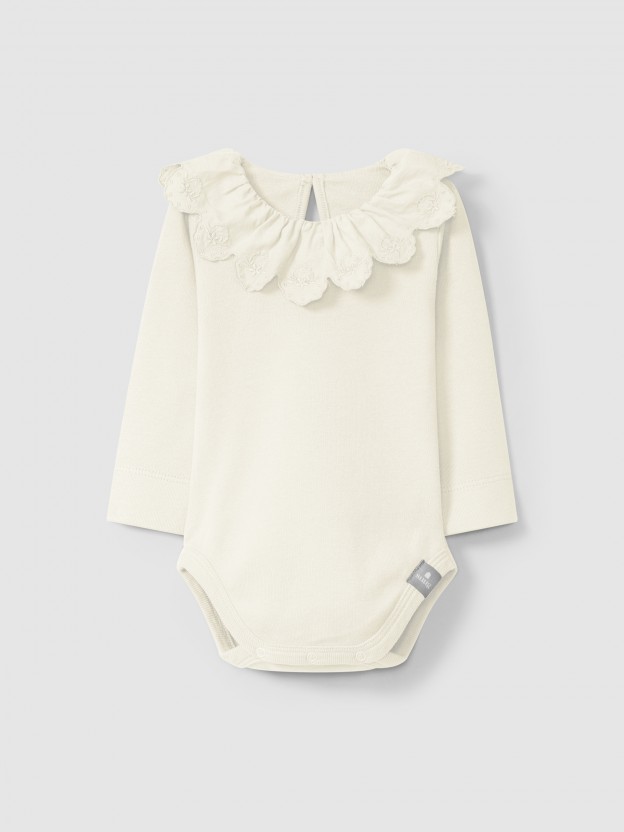 Bodysuit with ruffled collar English embroidery