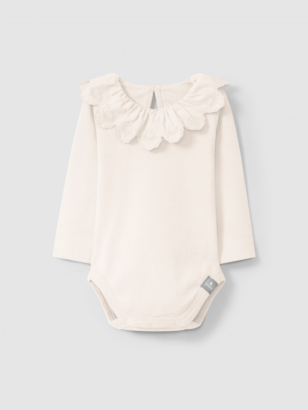 Bodysuit with ruffled collar English embroidery