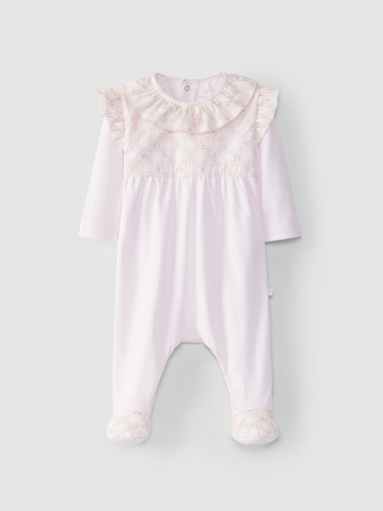 Babygrow tattersall and floral ruffled collar