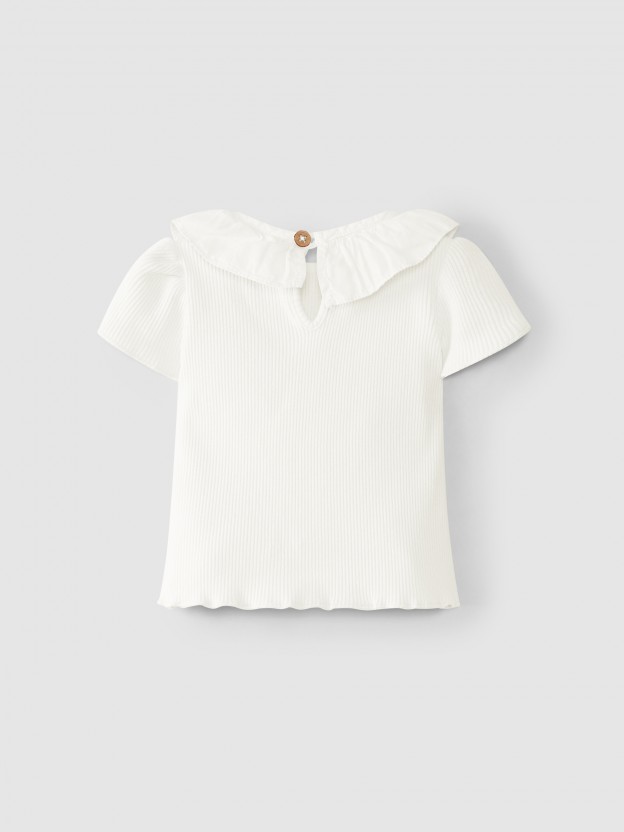 Ribbed jersey T-shirt with ruffled collar