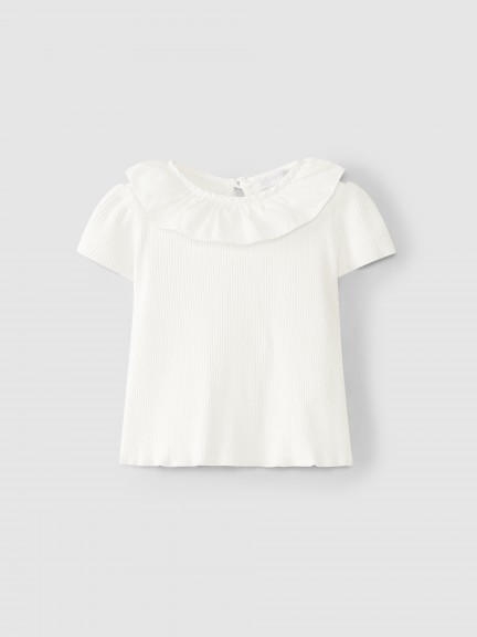 Ribbed jersey T-shirt with ruffled collar