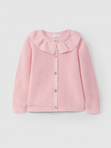 Wide stitch knitted cardigan with ruffled collar