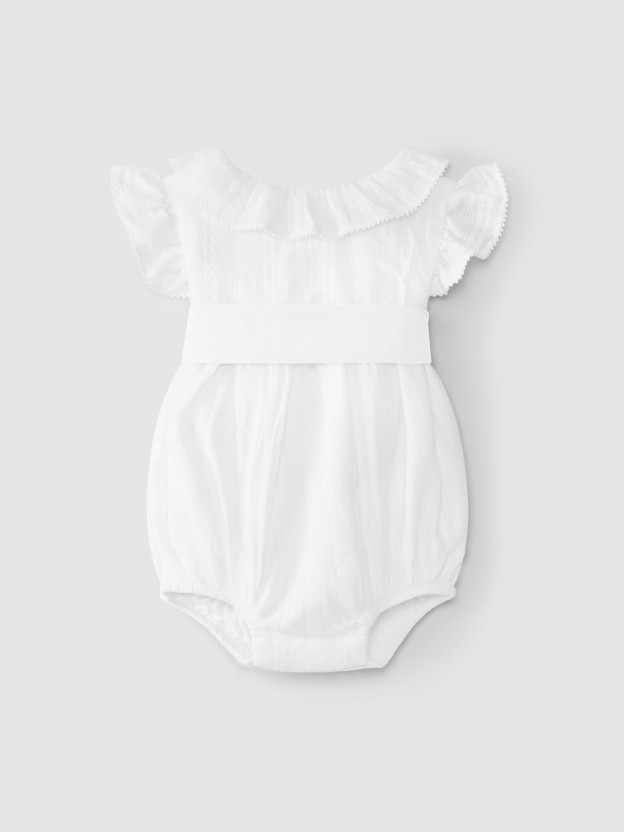 Shortie in embroidered fabric with sash