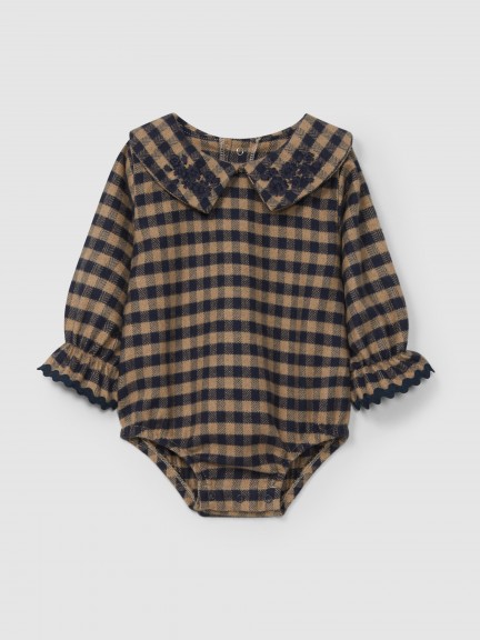 Plaid bodysuit with collar embroidered in wool yarn