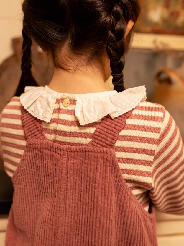 Longsleeve in striped jersey knit with collar English embroidery