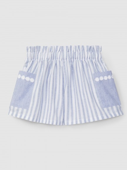 Pull-up shorts stripes embroidered flowers appliqu